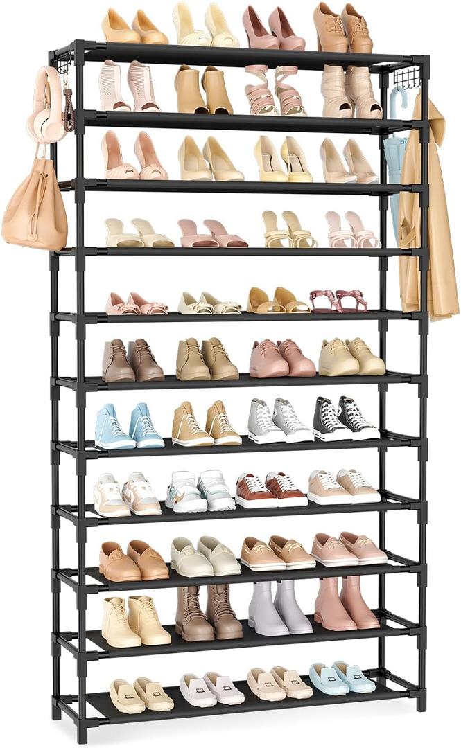 11 Tiers Tall Wide Shoe Rack 55 Pairs Large Capacity Sturdy Durable Shoe Rack for Closet Metal Shoe Organizer Shelf with Two Hooks Space Saving for Entryway Black