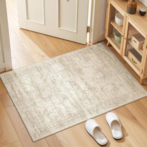 2x3 Washable Rug Runner for Bathroom, Soft Entryway Rug for Laundry Room, Kitchen, Vintage Abstract Hallway Runner for Bedroom, Anti-Slip Door Mat Indoor Entrance(2'x3', Beige/Ivory)