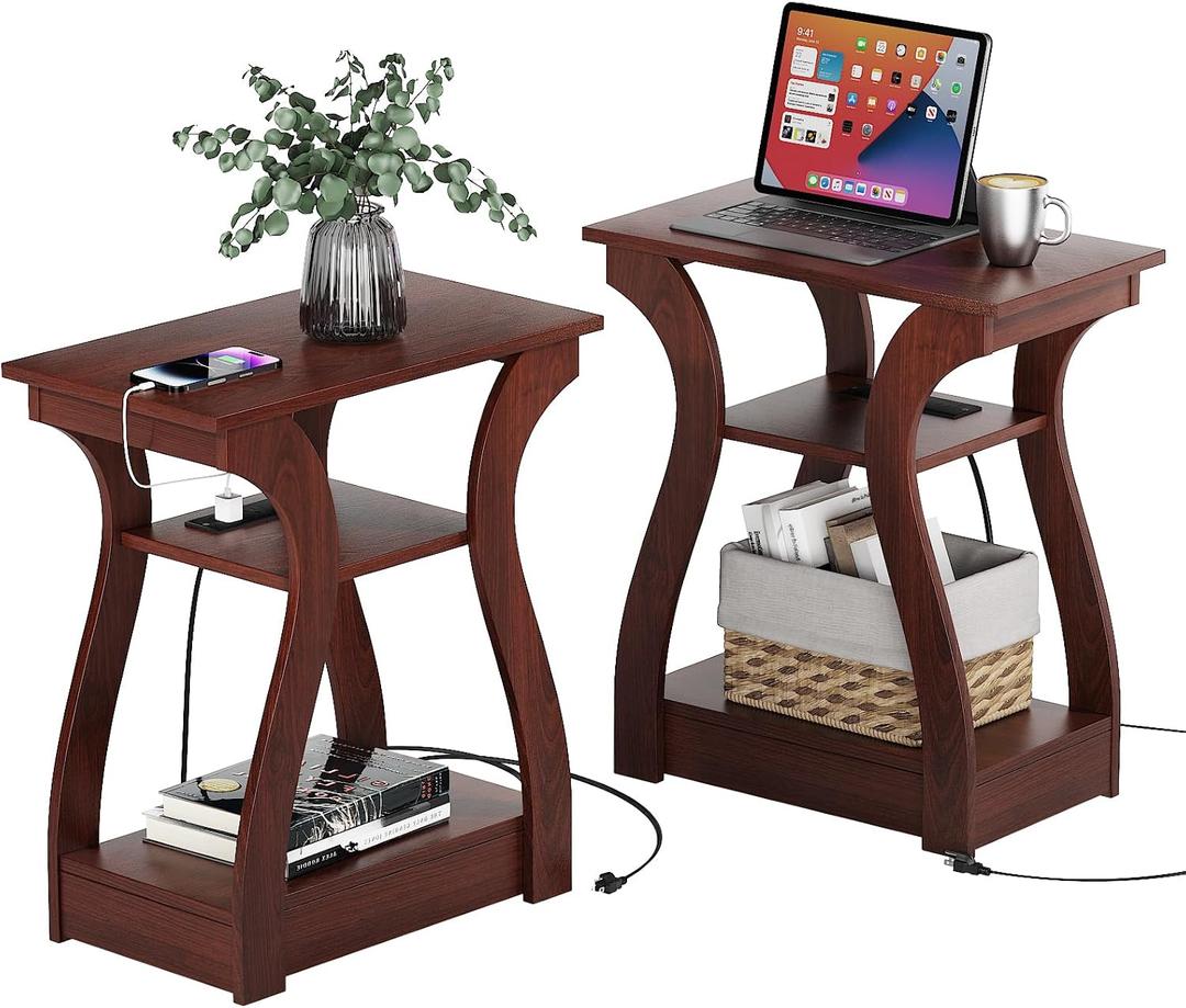 FROMJBEST End Tables Living Room Set of 2,Cherry End Table with Charging Station,Side Table, Nightstand for Bedroom, 3 Tier End Table with Storage Shelf for Living Room(Cherry)