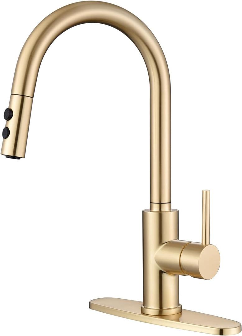 RULIA Kitchen Faucet, Kitchen Sink Faucet, Sink Faucet, Pull-Down Kitchen Faucets, Bar Kitchen Faucet, Brushed Brass, Metal Spray Head, RB1068