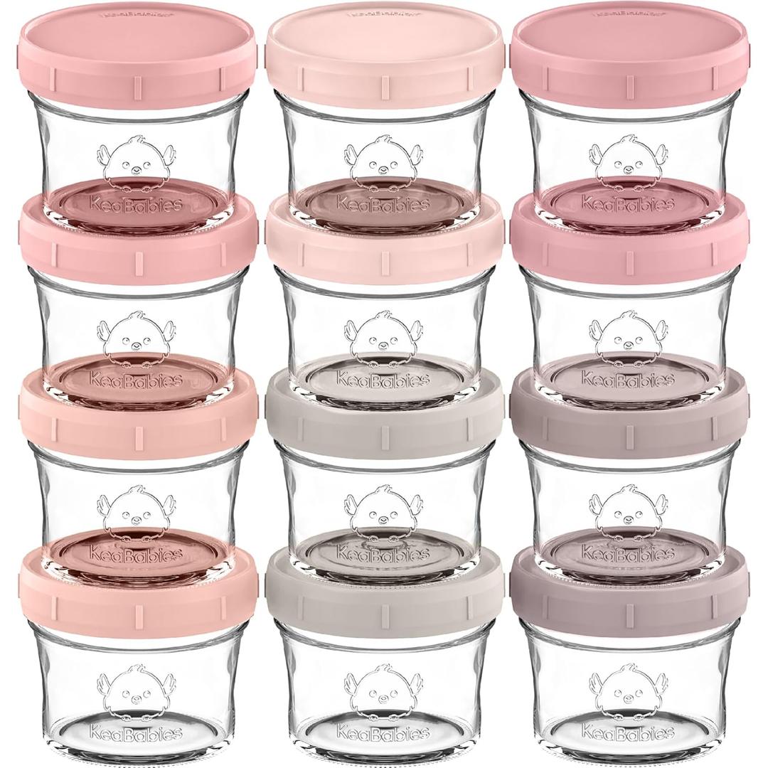 KeaBabies 12pk 4oz Glass Baby Food Containers with Lids - Leak-Proof, Microwavable Small Glass Jars, Baby Purees & Toddler Snack Storage Containers, BPA-Free, Dishwasher & Freezer Safe (Roseate)
