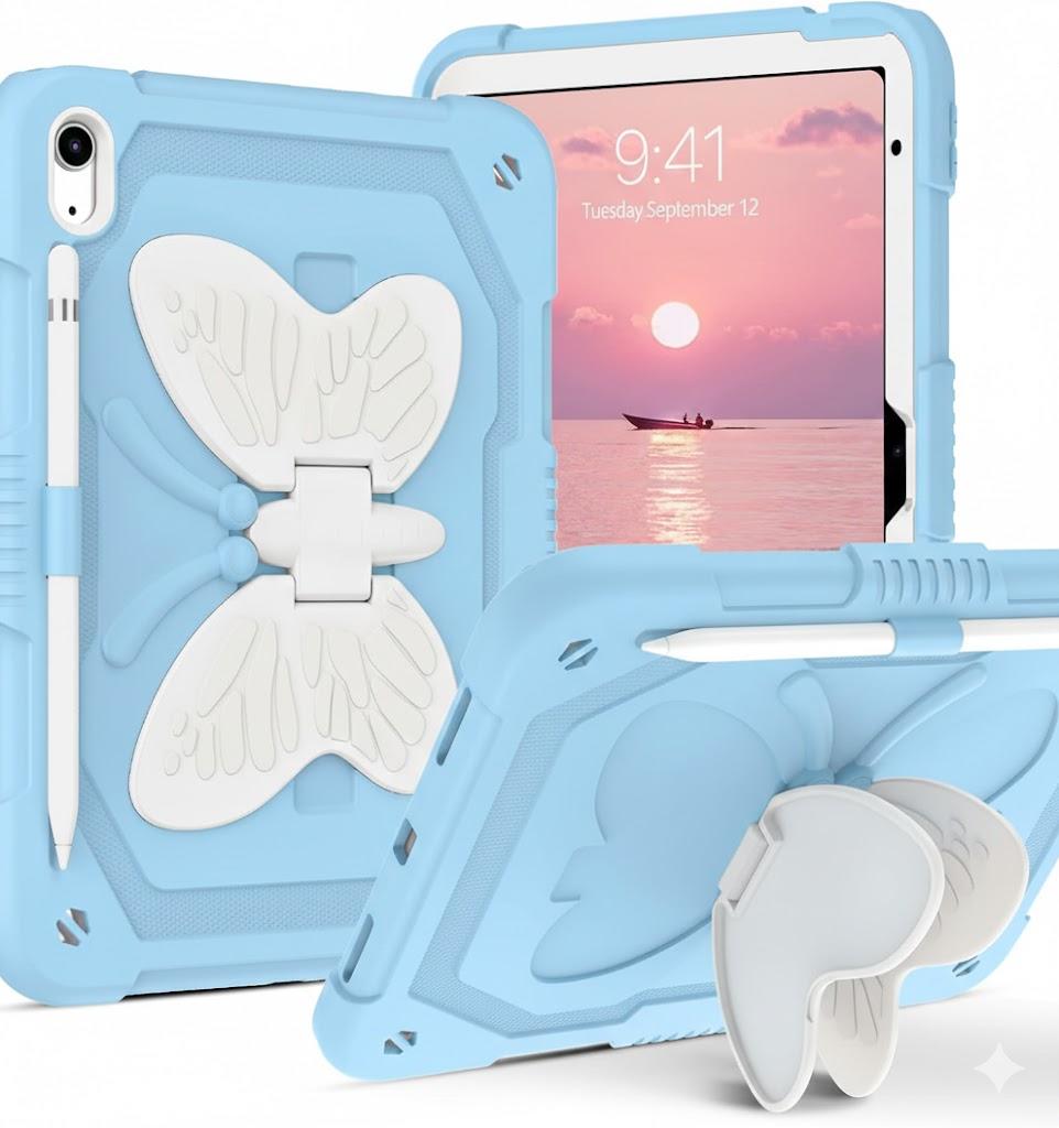 DUEDUE for iPad(A16) 11th Generation 11 Inch 2025 Case, iPad 10th Generation 10.9 inch 2022 Case, Butterfly Wings Kickstand Heavy Duty Shockproof Protective Tablet Cases for Kids, Beige/Blue