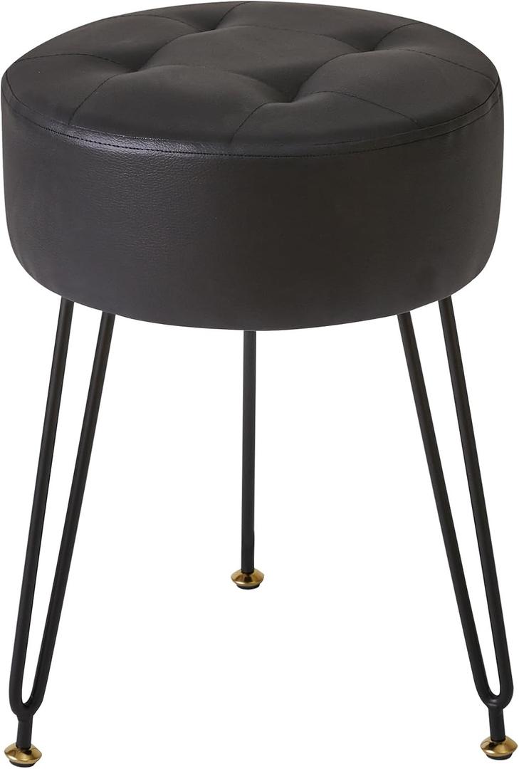 IBUYKE Faux Leather Round Footrest Stool, Makeup Vanity Stool Side Table, PU Dressing Table Seat, Pouf Couch Stool, Golden Steel Legs, Black LG-31B