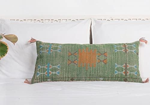 Extra Long Lumbar Pillow Cover (12 X 28 inches) | Hand-Woven Cactus Silk Green Pillow Linen Cover | Rustic Dcor Bohemian Cushion Cover | Farmhouse Cotton Pillow Case | Decorative Throw Pillow Dress (Design 5)
