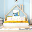 MERITLINE Full Size Floor Bed, Full Montessori Floor Bed Wood Frame with House-Shaped Headboard, No Box Spring Needed, for Kids Teens Adults -Natural