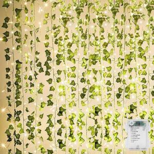 KASZOO 84Ft 12 Pack Artificial Ivy Garland Fake Plants, Vine Hanging Garland with CE Certified 80 LED String Light, Hanging for Home Bedroom Garden Party Wedding Wall Room Decor, Green