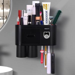 Wekity Multifunctional Wall-Mounted Toothbrush Holder, Automatic Toothpaste Dispenser Space Saving Toothbrush and Toothpaste Holder, with 2 Cups and Drawers Cosmetic Organizer (Black)