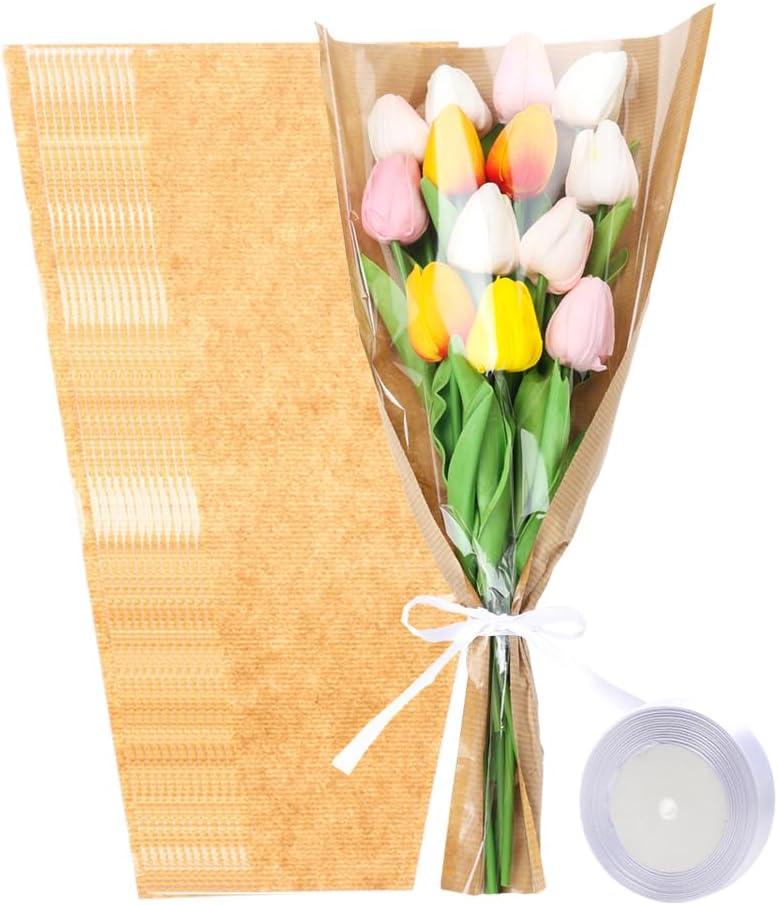 HSONAIGEE 50 Pieces Flower Bouquet Wrapping Paper, 17.7 x 9.5 Inch Small Flower Bags for Bouquets Kraft Floral Wrap Sleeves with Ribbons for Home Mothers Day Wedding Flower Bar Supplies