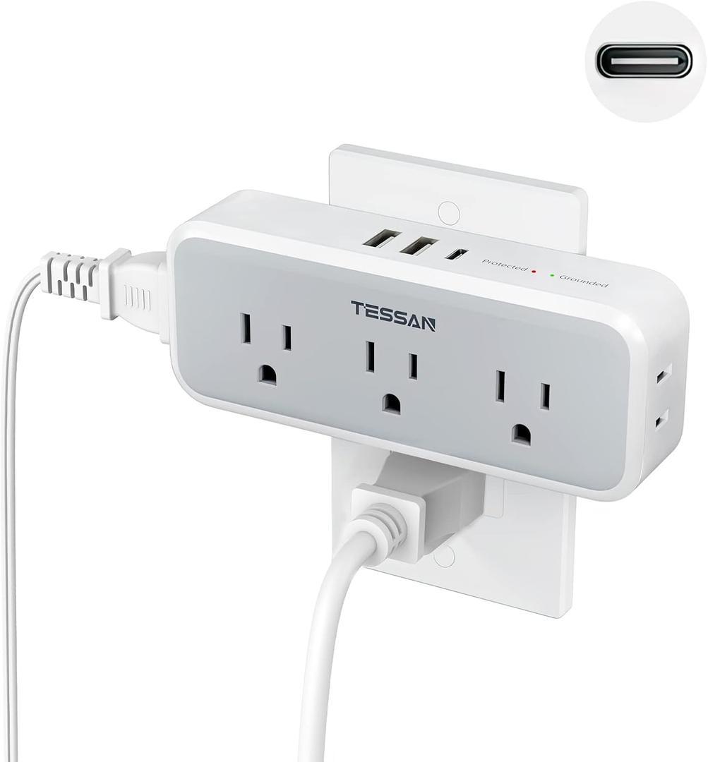 Multi Plug Outlet Extender, USB C Wall Charger, TESSAN Wall Plug Splitter with 5 Outlets and 3 USB, Electrical Power Expander with Surge Protector Spaced for Home Office Dorm Room (Gray)