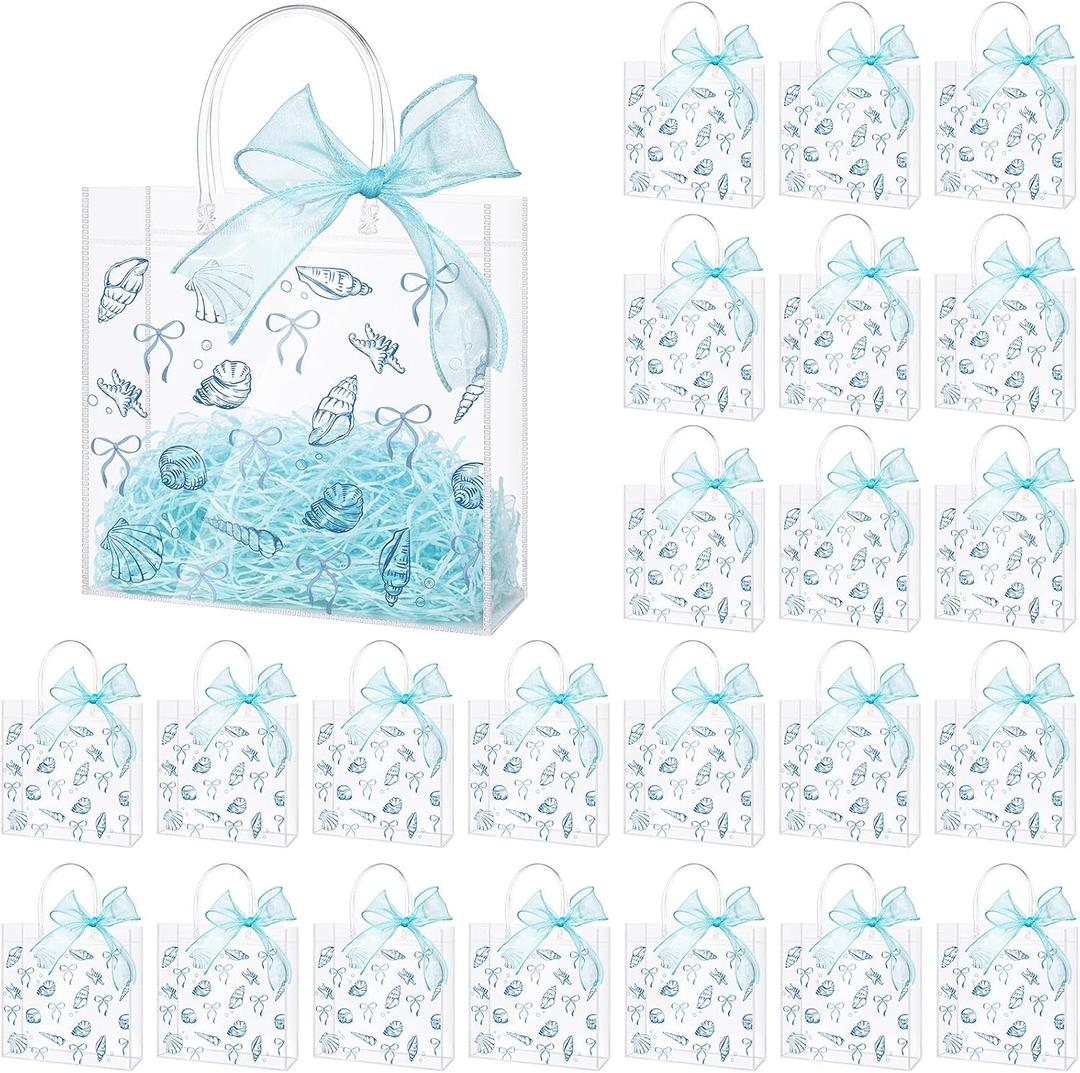 Sweetude 24 Pcs Blue Bow Seashell Clear PVC Gift Bags with Handle and Ribbon, Ocean Party Favor Bags Bulk Beach Goodie Treat Tote for Birthday Summer Wedding Party Supplies, 7.9" x 7.9" x 3.2"