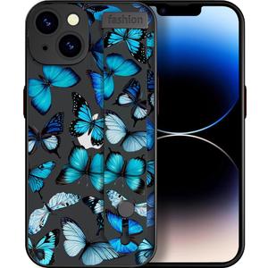 IWONE Compatible for iPhone 15 Case Cute with Stand/Shockproof Drop Protection Slim Strap Kickstand Phone Cover for Women Girls/Blue Butterflies Butterfly Animal