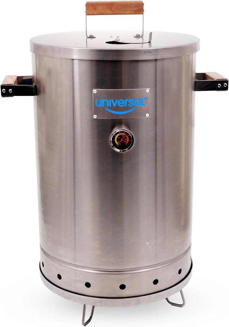 Universal 20-pound Stainless Steel (25-servings) Charcoal Barrel Smoker with Thermometer & Airlock system - 20.5"x 29.6" x 15.5", 2 in 1 Vertical Grill and Smoker, Slow Cooking Barrel