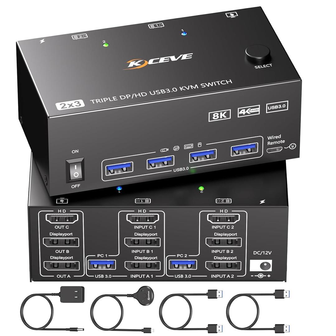 KVM Switch 3 Monitors 2 Computers 8K@60Hz,Triple Monitor KVM Switch for Running Two Computers Across 3 Monitors, Sharing 4 USB 3.0 Devices, with Wired Remote & USB Cable