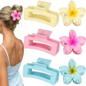 Flower Hair Clips for Women Square Claw Clips for Girls 2 Styles Hair Claw Clips for Thick or Thin Hair 6 PCS Hawaiian Hibiscus Rectangle Large Plumeria Medium Hair Accessories for Women (Pink)