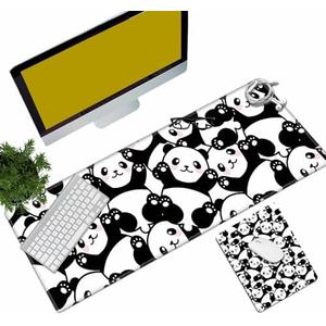 BEOTIWAD Desk Mat Mouse Pad Set - Cute Panda Large Mouse Pad, 23.62 x 11.8 inch, Rubber Base Mousepad with Stitched Edges, Keyboard Mouse Mat for Work, Game, Office, Home
