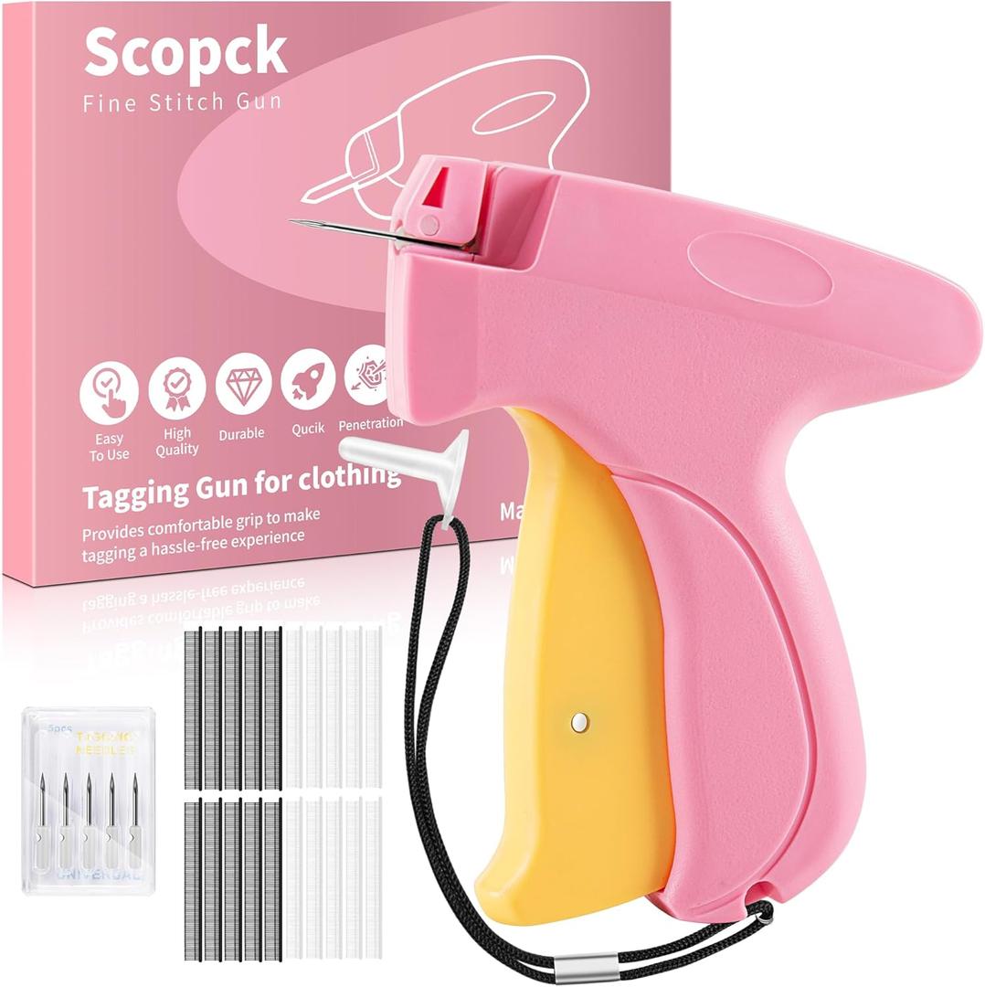 Stitch Gun for Clothes - Handheld Stitch Gun Quick Clothing Fixer - Tagging Gun - Includes 6 Needle, 1000 Black Fasteners & 1000 White Fasteners (Pink/Orange)
