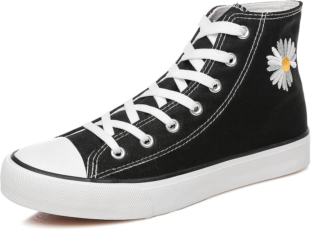 Womens Canvas Sneakers High Top Lace ups Casual Walking Shoes (9, Black Daisy)