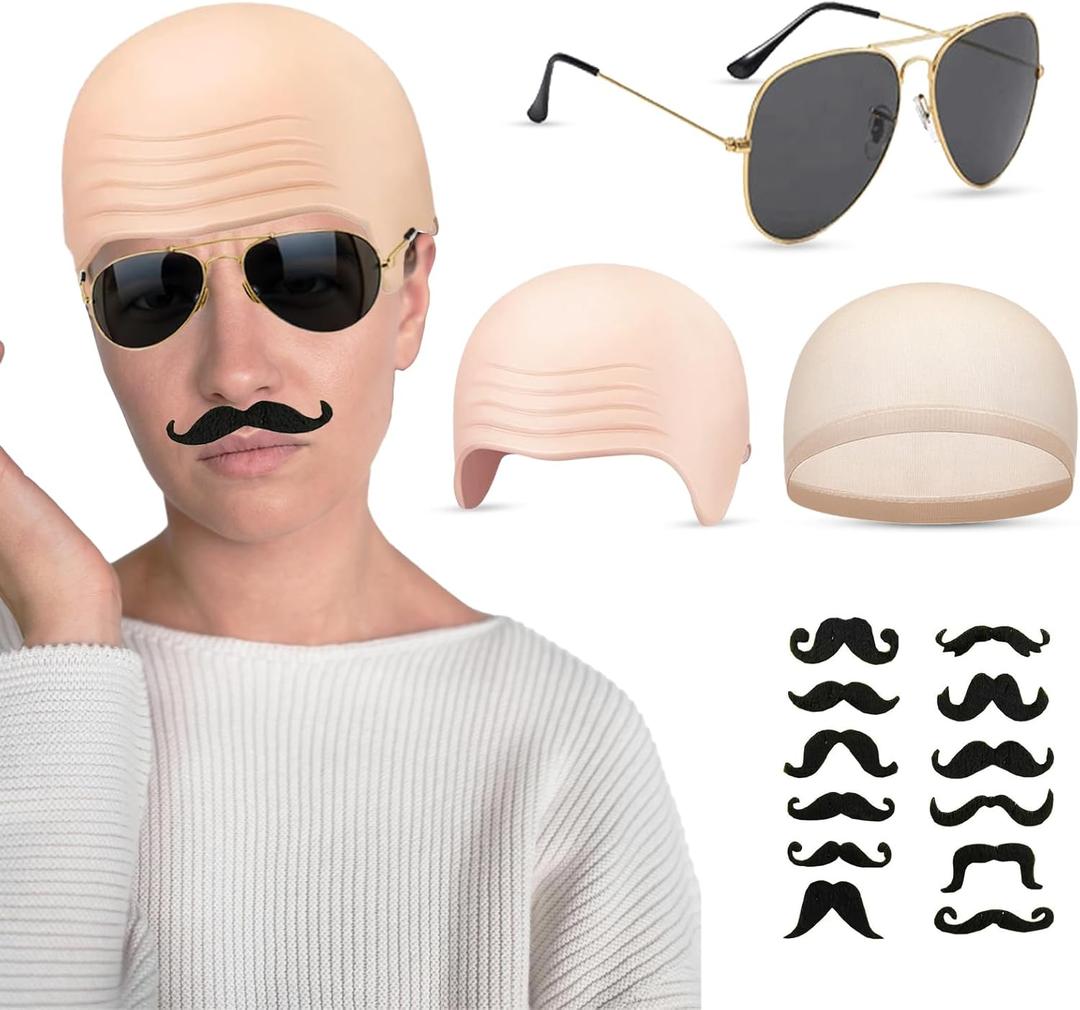 2 x Bald Caps Makeup Latex Bald Head Wig Caps Cosplay Costume for Adults, for Theme Party Decorations Supplies (Bald Hat, Sunglasses, and Beard)