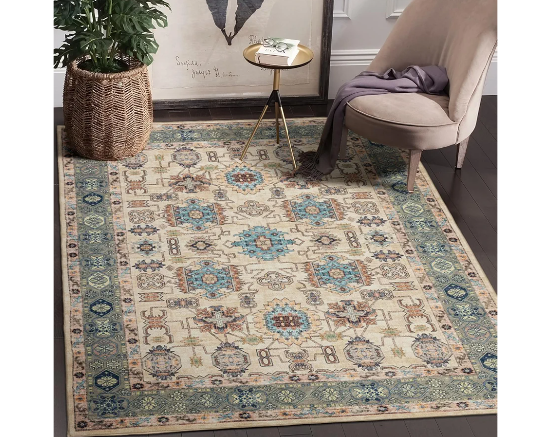 Area Rug 6×9, Large Vintage Boho Rug, Ultra-Soft Low Pile, Washable, Non Slip, Stain Resistant, Carpet for Living Room Bedrooms Playroom Office Kitchen, Cream/Blue