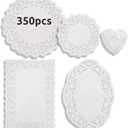 DailyTreasures 350Pcs Lace Doilies Paper-Assorted Size Decorative Doilies Placemat- Eco-Friendly for Cake, Desert, Wedding, Tableware Decoration(Round, Rectangle, Heart, Oval-8.5", 6.5")