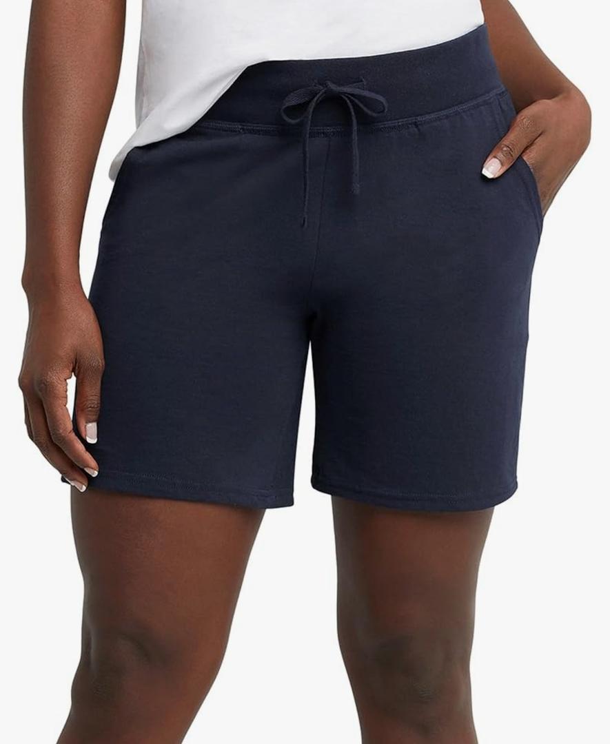 Hanes Women's Jersey Pocket Shorts, Drawstring Cotton Jersey Shorts, 7" Inseam Navy M