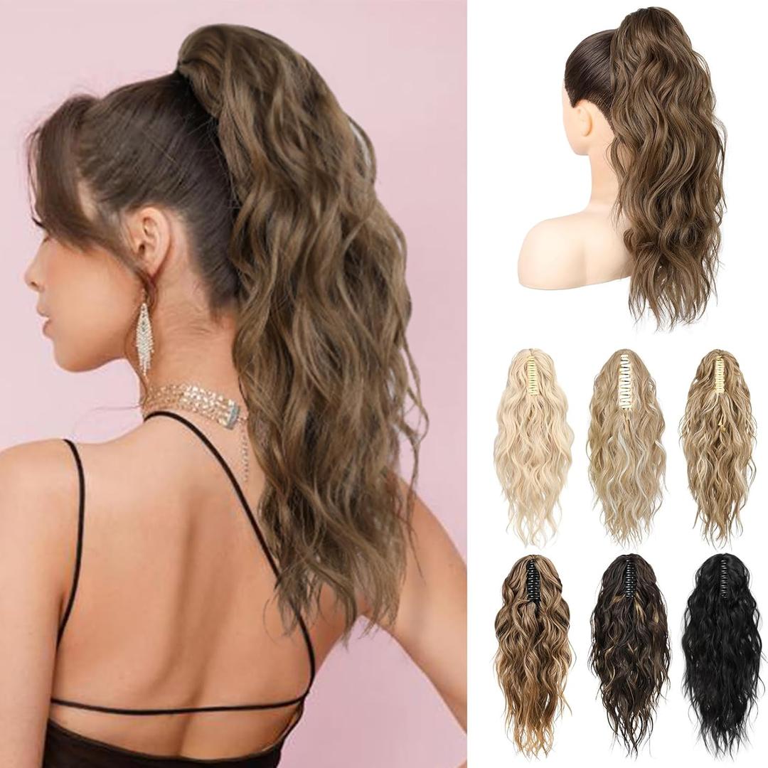 LONAI Ponytail Extension, 18" Wavy Claw Clip Ponytail Extensions ZJ001Curly Wavy Claw Clip in Hair Extensions Synthetic Fake Pony tails Hairpieces-Medium Brown Mixed