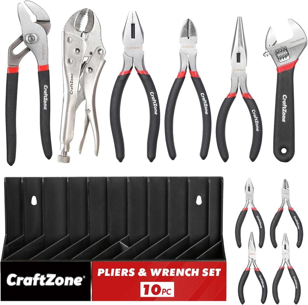10PC Pliers and Wrench Set with Storage Rack Includes Locking | Long Nose | Diagonal Cutter | Groove Joint | Linesman & Mini Plier, Carbon Steel Tool Kit for DIY and Home a Gift for Man