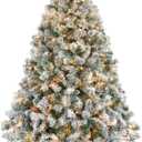 6ft Snow Flocked Pre-lit Christmas Tree with 250 Warm White Lights, 820 Lush Branch Tips & Quick-Assembly Hinged Design, Full Artificial Xmas Tree for Winter Holiday Décor, Green & White