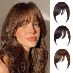 Long Side Bangs Hair Clip - 100% Real Human Hair Clip-In Extensions | Medium Brown Straight Fake Fringe with Temple | Thick Swept Bangs for Women