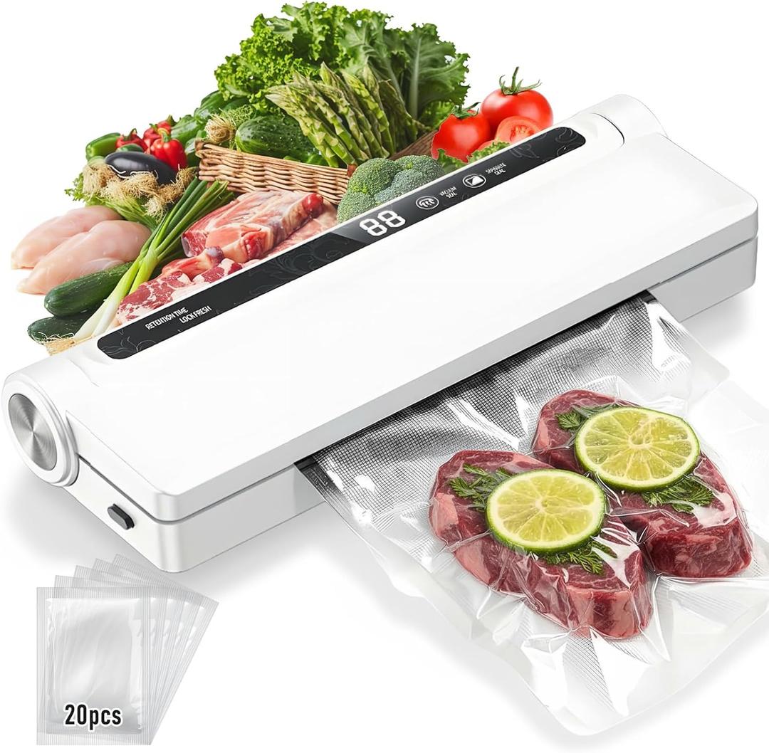 Vacuum Sealer Machine for Food, Powerful Pro Food Vacuum Sealer Machine, 60KPA Strong Suction, Dry/Wet Modes, 20 Vacuum Seal Bags for Food, One-Touch Automatic, Digital Countdown Timer