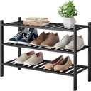 Shoe Rack, 3-Tier Bamboo Stackable Shoe Shelf Storage Organizer, Shoe Stand for Closet, Entryway and Hallway (Black)