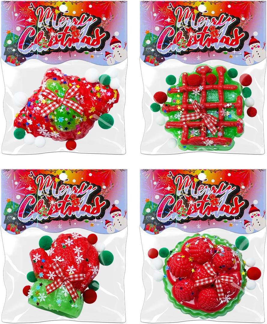 2 x 4PCS Christmas Squishy Kit, Squishys Fidget Toys for Kids, Christmas Fufu Squeeze Squishy Pack, Big Squishies Toys for Stocking Stuffers, Adults, Party Favors, Gifts (Cake, Croissant, Waffle, Glove)