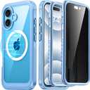 for iPhone 16 Case, Double Front Frame Built-in 9H Tempered Glass Screen Protector + Privacy Screen Protector, Compatible with MagSafe, Magnetic Phone Case for iPhone 16 Blue