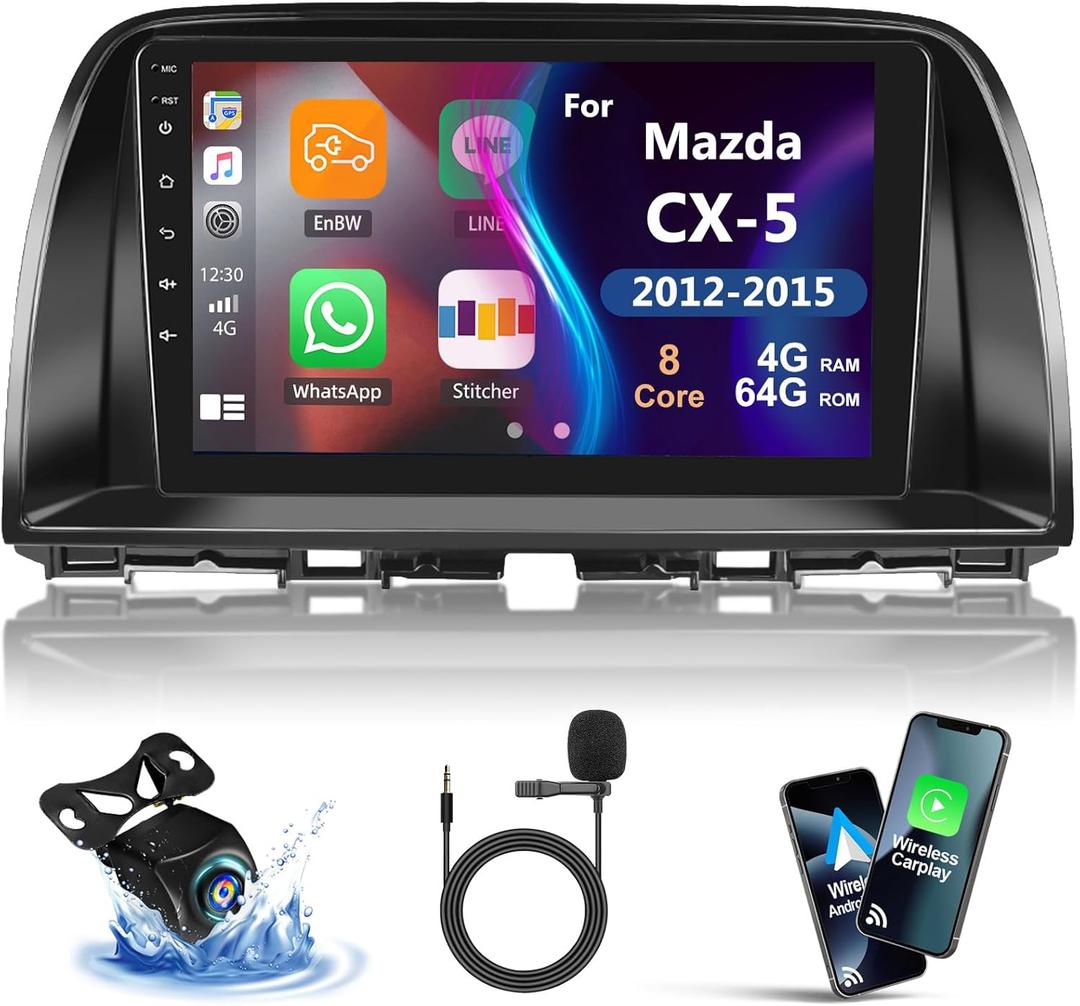 [8 Core 4G+64G] Car Radio for Mazda CX-5 2012-2015 with Wireless CarPlay Android Auto,9" Touchscreen Android 13 Car Stereo with Mirror Link WiFi/GPS,Bluetooth,FM/RDS Radio DSP SWC+Backup Camera