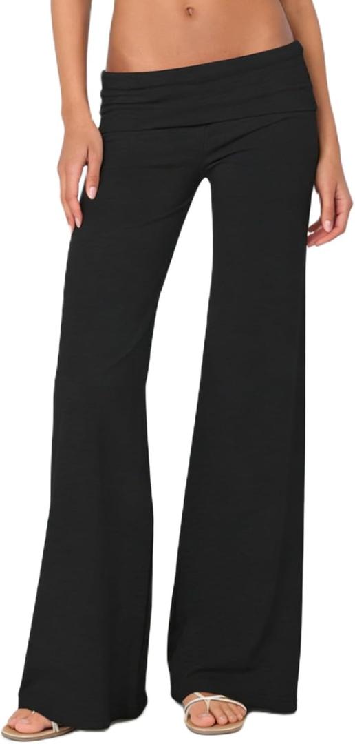 FOMOYUU Lounge Yoga Pants for Women Fold Over Low Waist Wide Leg Sweatpants Flare Leggings Bell Bottoms Y2K Foldover Pants (Small, Black)