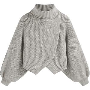 CIDER High Neck Solid Knitted Long Sleeve Crop Sweater Curve & Plus, Grey XL