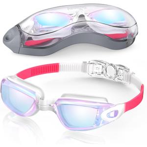 Aegend Swim Goggles, Swimming Goggles No Leaking Full Protection Adult Men Women Youth (Raspberry-red White)