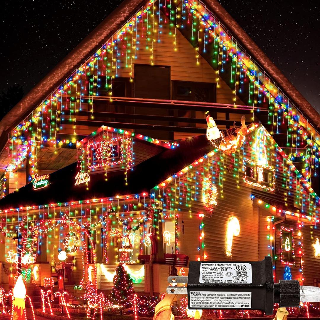 Christmas Lights Outdoor Icicle Lights 300LED 33FT 8 Modes, Connectable Hanging Fairy String Lights with 30V UL Plug in for Valentine Wedding Party Eave Garden Wall Indoor Decor, Multicolor