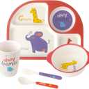 Kids Feeding Set 5 Pcs, Tableware Set for Toddlers Includes Plate Bowl Cup Fork and Spoon Utensil Flatware, Kids Flatware Set Dishwasher Safe, BPA Free (Animalworld)