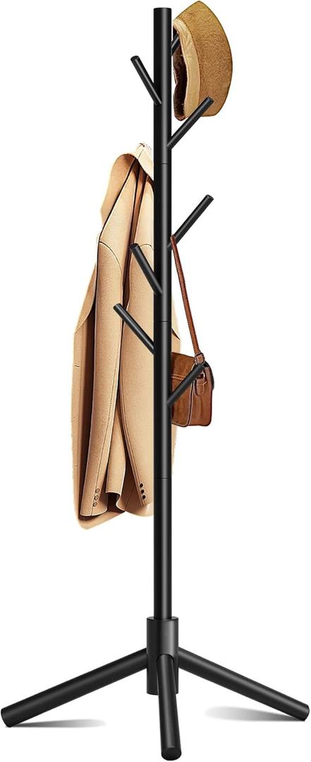 Wooden Coat Rack, Free Standing Coat Rack with 8 Hooks 3 Adjustable Heights for Clothes, Hats, Handbags, Coat Tree Easy Assembly for Entryway, Bedroom, Hallway, Office (New Black) (1PC)