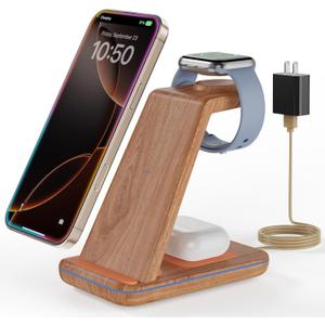 3 in 1 Wireless Charging, Wireless Charger Stand for Multiple Apple Devices, Wireless Charger for iPhone 17 16 15 14 13 12 11 Pro Max XS XR 8, Apple Watch 11 9 8 7 6 SE 5 4 3 2, AirPods 3/2/Pro (Dark Wood)