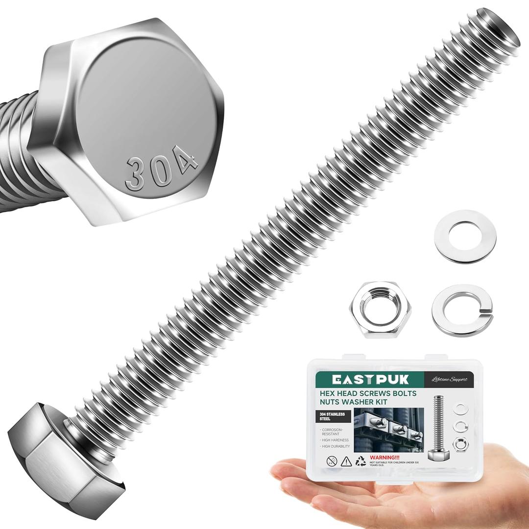 1/4-20 x 2-1/2" Hex Head Bolts Screws with Nuts, Flat & Lock Washers, 304 Stainless Steel Bolts and Nuts External Hex Drive Full Threaded 1/4 Bolt (10Sets)