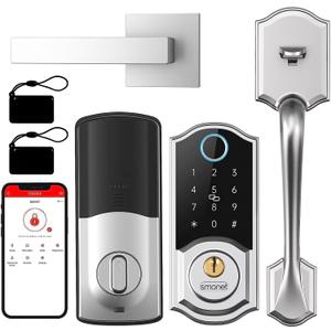 Smart Front Door Lock Set: SMONET Keyless Entry Door Lock with Handle, Front Handle Set Fingerprint Smart Deadbolt Bluetooth Electronic Digital Keypad, Alexa Unlock Silver