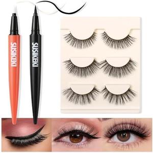 SUSIKEKI 2-in-1 Lash Glue & Eyeliner Set - Black Eyelash Glue, Clear Liner & 3D Natural False Eyelashes - Long-Lasting, Waterproof, Quick-Dry, Strong Hold Felt Tip Pen Lash Adhesive
