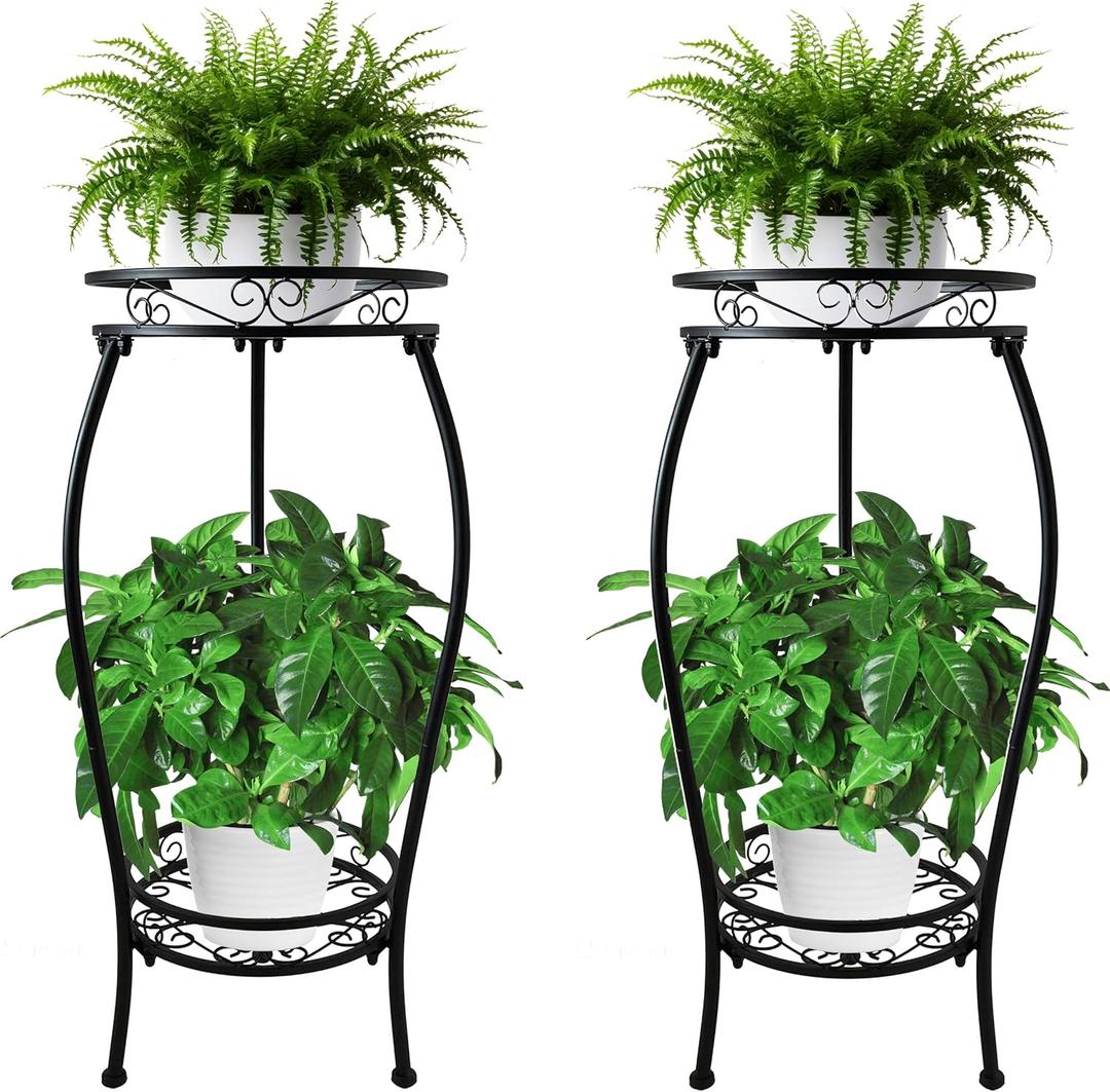 CASIMR 2Pack Plant Stand Indoor Outdoor, 2 Tier 26.6" Tall Metal Potted Holder Rack Multiple Flower Pot Stand Heavy Duty Plant Shelf Rustproof Iron Plant Round Supports Rack