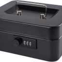Cash Box with Money Tray and Combination Lock Metal Money Box for Cash Lock Box for Money 7.87" x 6.3" x 3.54" Black (Medium)