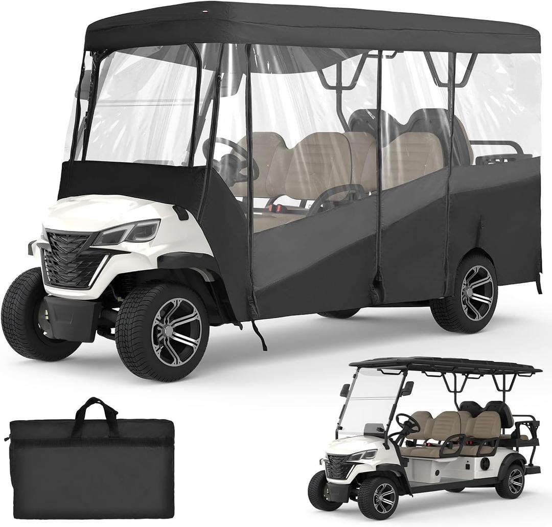KEMIMOTO Golf Cart Enclosure, 4&6 Passenger Golf Cart Rain Cover, 600D Waterproof Driving Enclosure with Clear PVC Windshield for Extended Roof Cart
