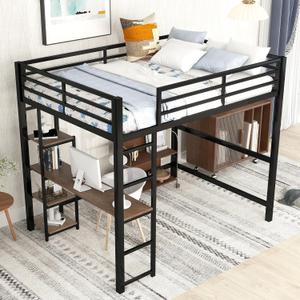 Bellemave Full Size Loft Bed with Desk, Metal Heavy Duty Loft Bed Frame with Storage Shelves, Desk Bed Full Size for Kids Teens Adults, Black