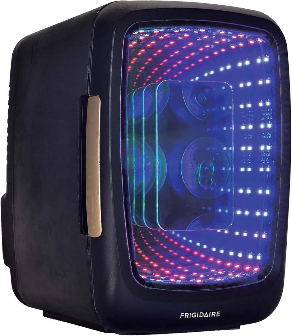 Frigidaire Gaming Light Up Mini Beverage Refrigerator, 6 can, 4 liters, Cooler with large see through door and LED lights Perfect for Gaming Experience, Home, Office, or Cars.12V Charger (Stealth)