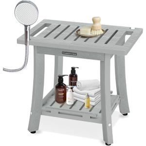 KingPavonini HDPS Shower Benches for Inside Shower to Sit on, Waterproof Shower Stool for Shaving Legs, Heavy Duty 400LBS Shower Seat with Storage Shelf, Shower Chair for Bathroom/Indoor/Outdoor Use (Medium, Grey)